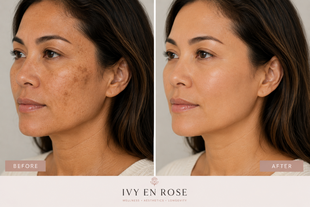 Before and after results of Ivy en Rose hyperpigmentation protocol showing reduced dark spots and even skin tone