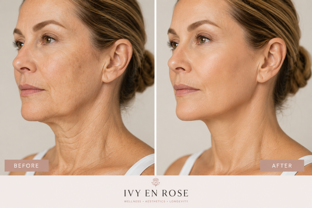 Before and after skin laxity treatment at Ivy en Rose — visible improvement in jawline definition and neck firmness